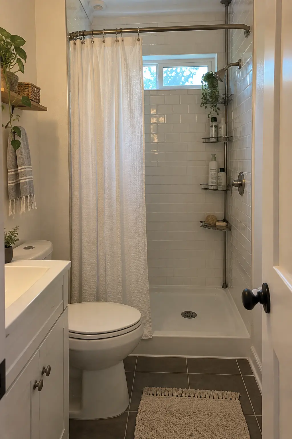 Use a Fabric Curtain When Every Inch Counts in a realistic very small bathroom with a functional shower