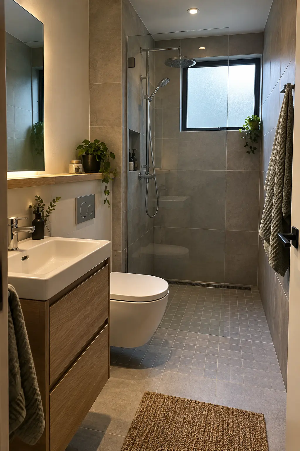 Design a True Micro Wet Room in a realistic very small bathroom with a functional shower