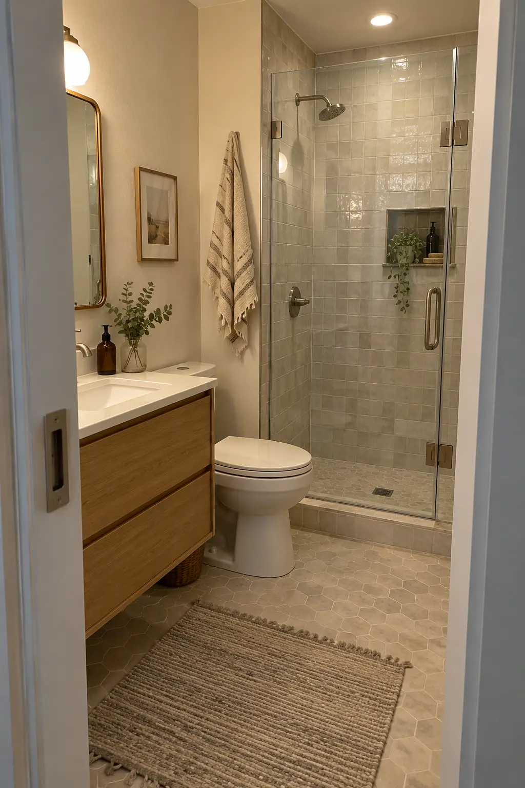 Replace the Swing Door With a Pocket Door in a realistic very small bathroom with a functional shower