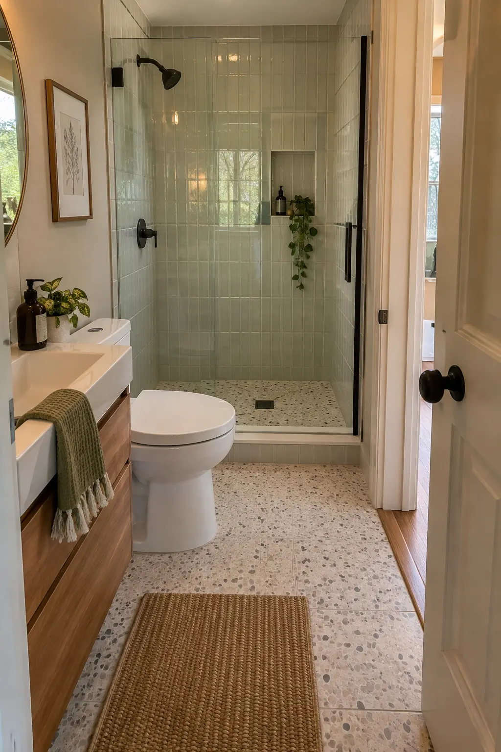 Let the Main Door Swing Outward in a realistic very small bathroom with a functional shower