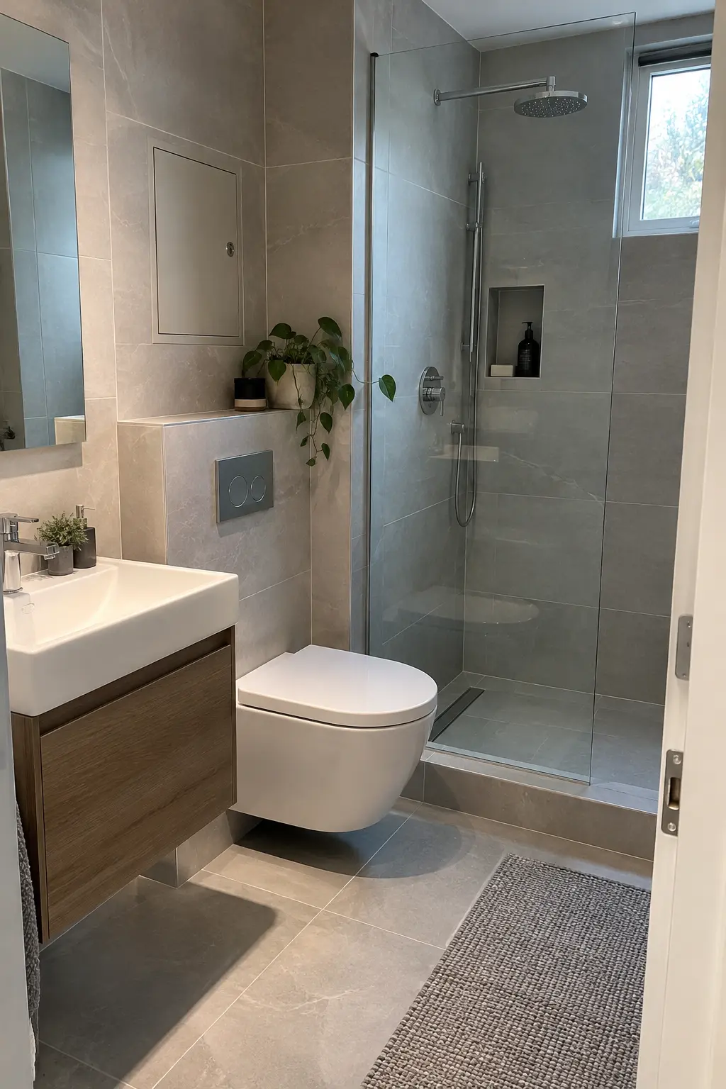 Float the Toilet to Reveal More Floor in a realistic very small bathroom with a functional shower