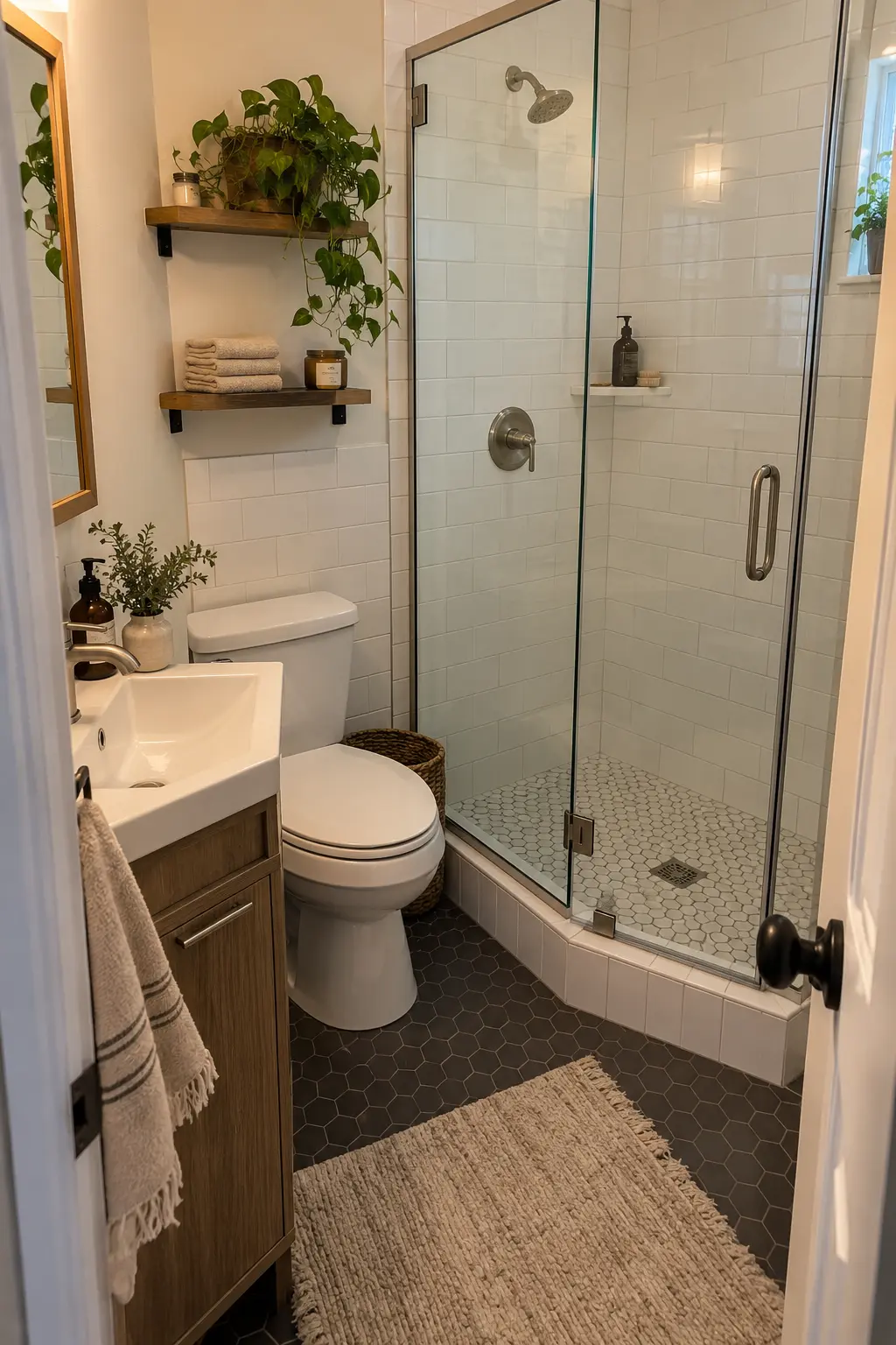Tuck a Corner Sink Beside the Door in a realistic very small bathroom with a functional shower