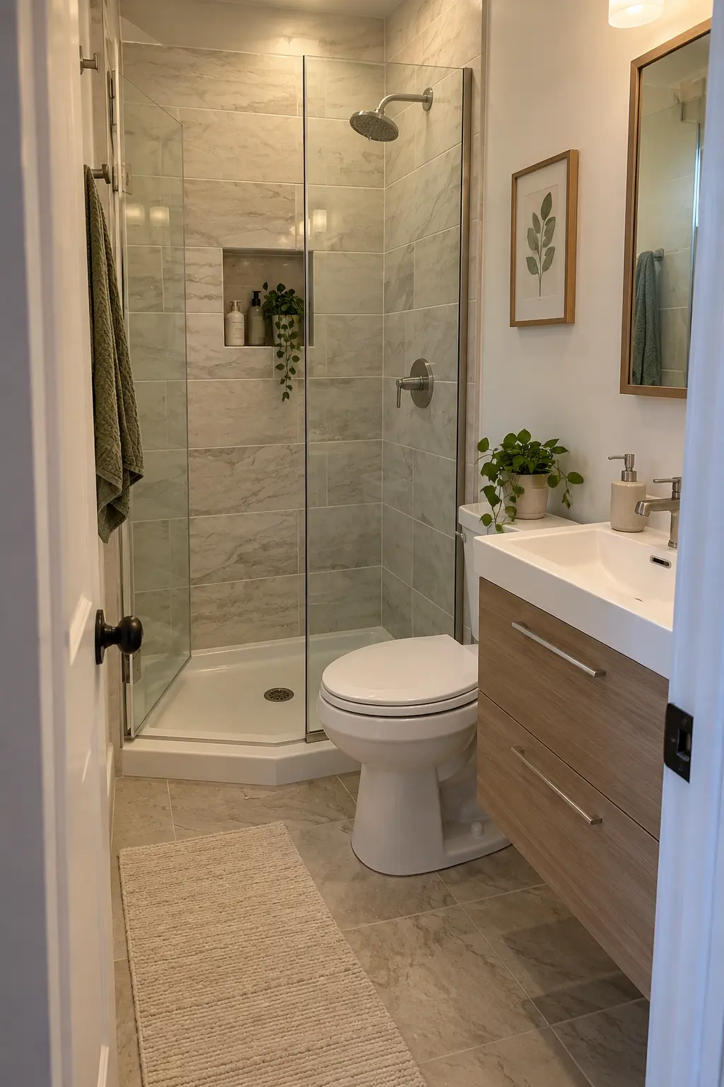 Specify a 16-Inch-Deep Vanity in a realistic very small bathroom with a functional shower