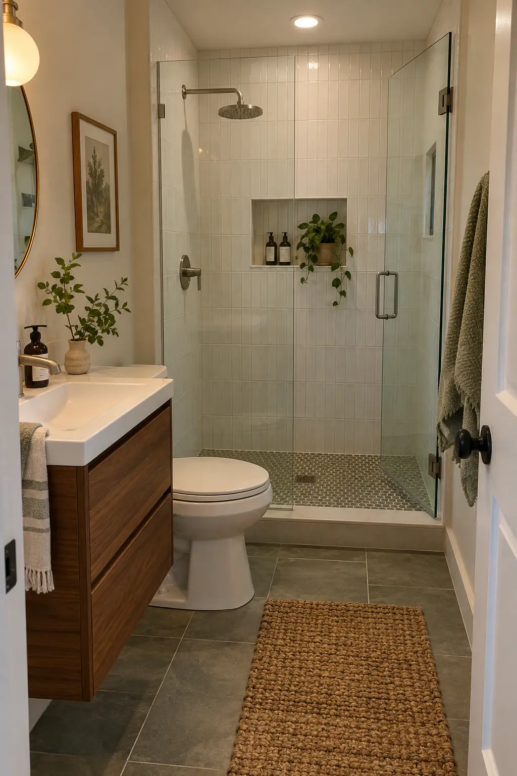 Choose a Floating Vanity With Real Storage in a realistic very small bathroom with a functional shower