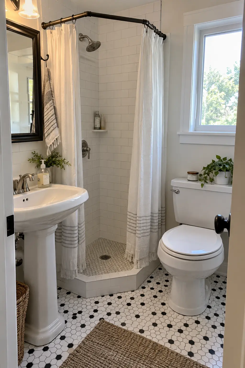 Use a Pedestal Sink for a Lighter Footprint in a realistic very small bathroom with a functional shower