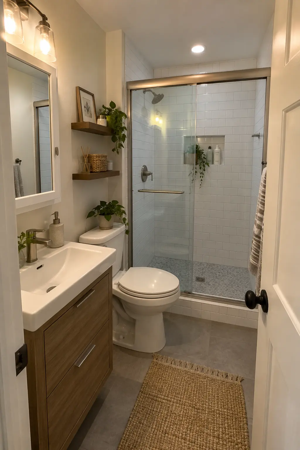 Recess the Medicine Cabinet in a realistic very small bathroom with a functional shower