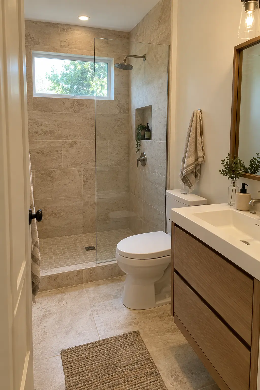 Align the Toilet and Shower on One Wall in a realistic very small bathroom with a functional shower