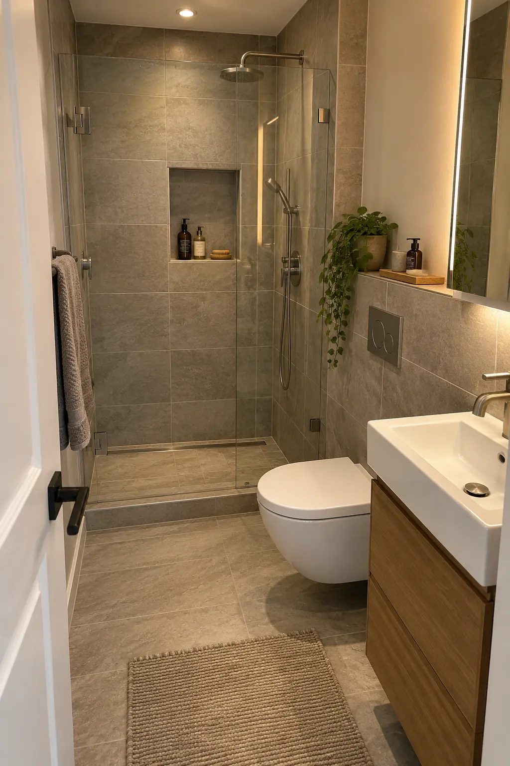 Consolidate Plumbing Without Crowding Controls in a realistic very small bathroom with a functional shower