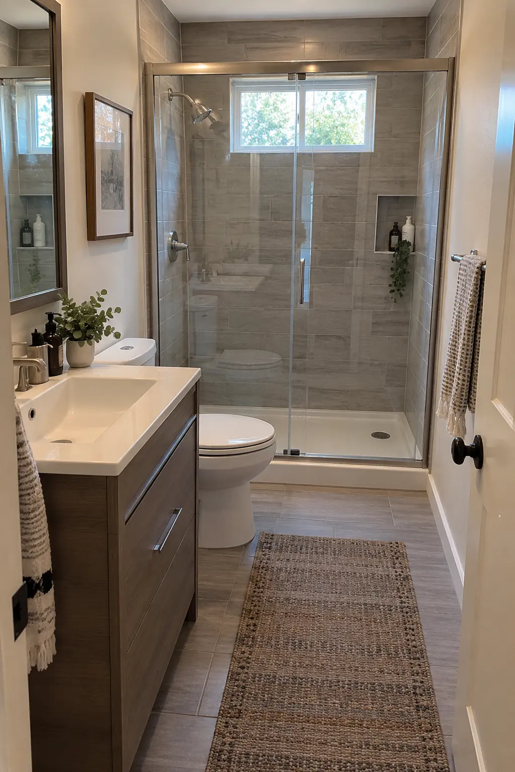 Treat a Narrow Bathroom Like a Galley in a realistic very small bathroom with a functional shower