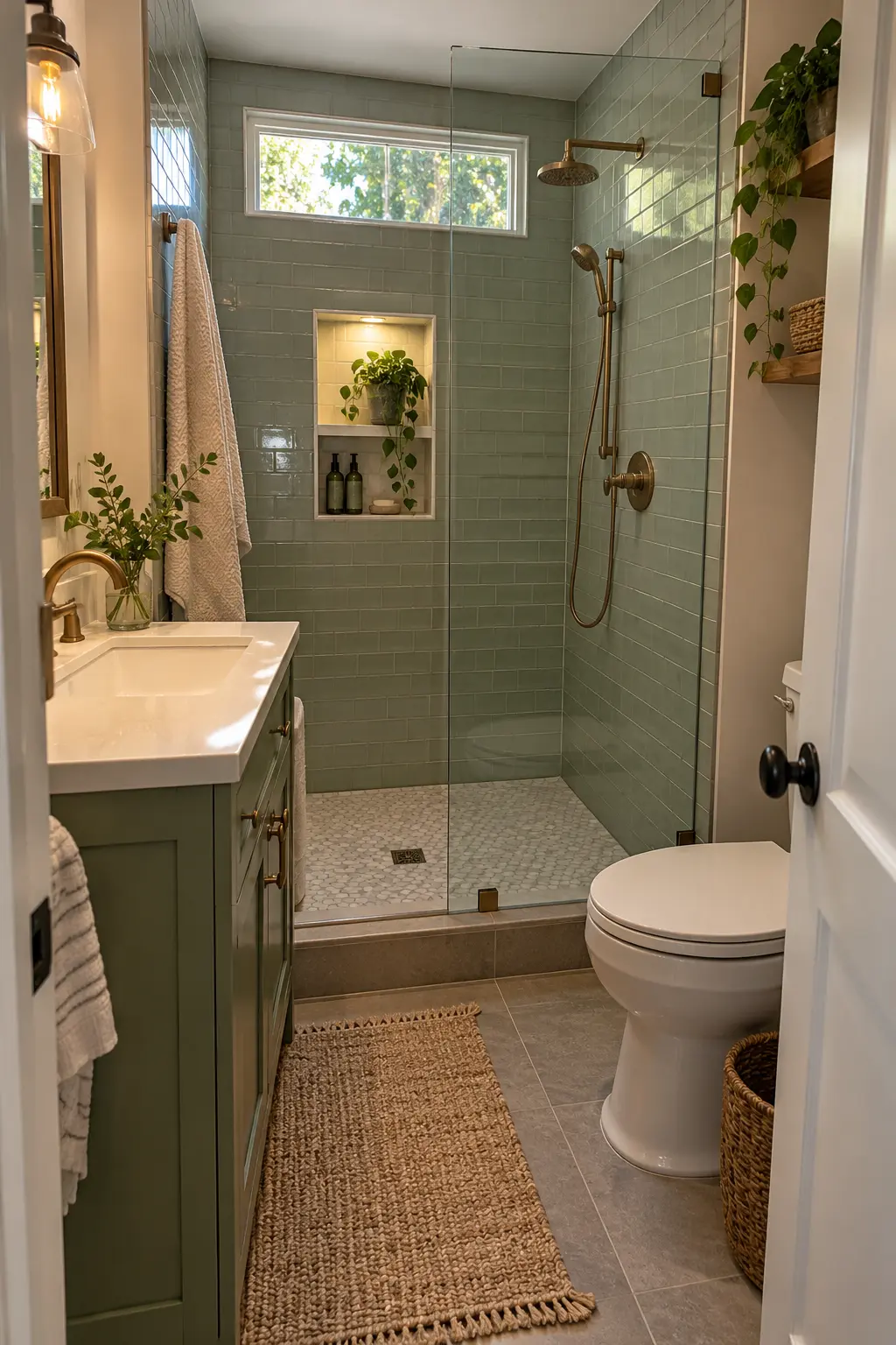 Aim the View Toward One Calm Feature in a realistic very small bathroom with a functional shower