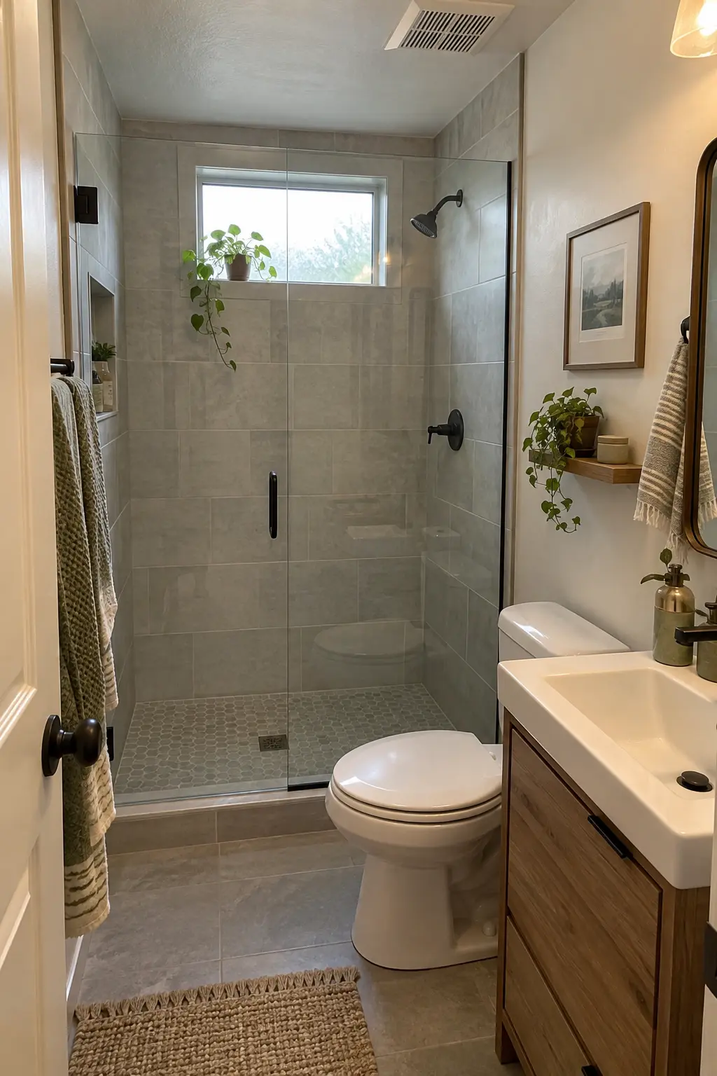 Add a High Frosted Window in the Shower in a realistic very small bathroom with a functional shower