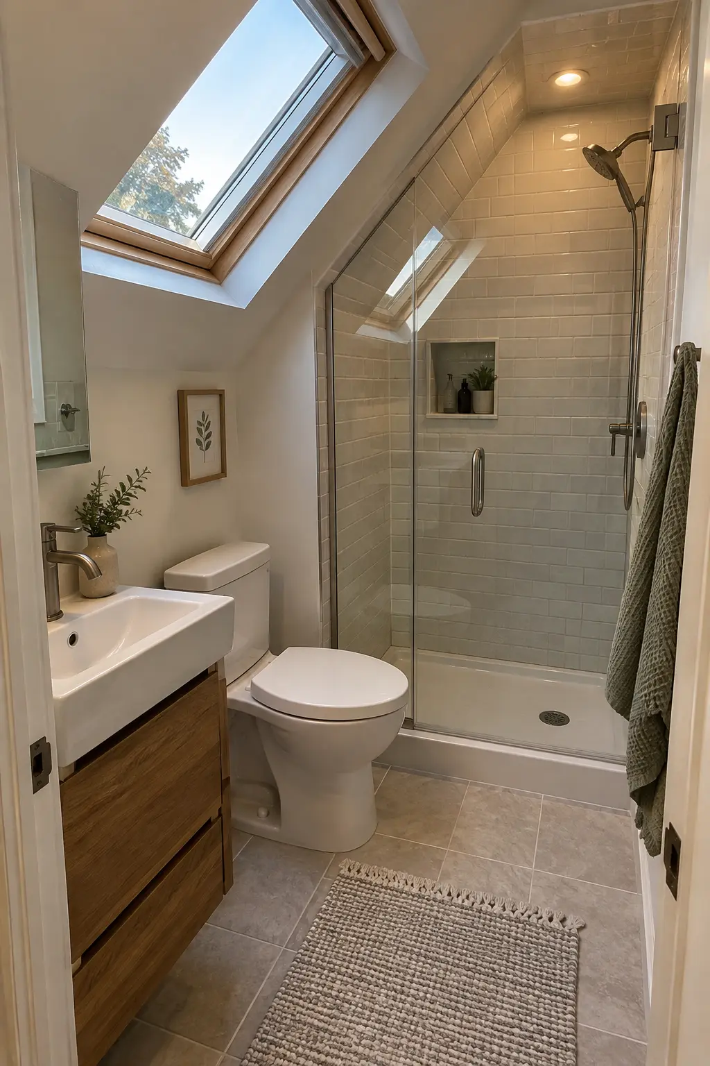 Use a Skylight Only Where Headroom Works in a realistic very small bathroom with a functional shower