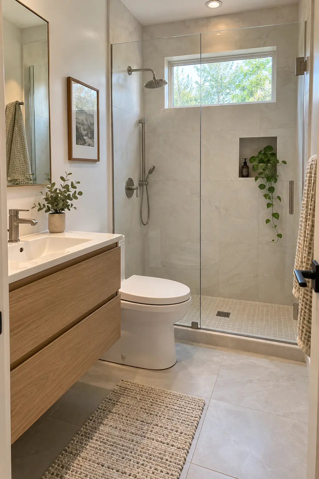 Use Light Large-Format Tile on the Walls in a realistic very small bathroom with a functional shower