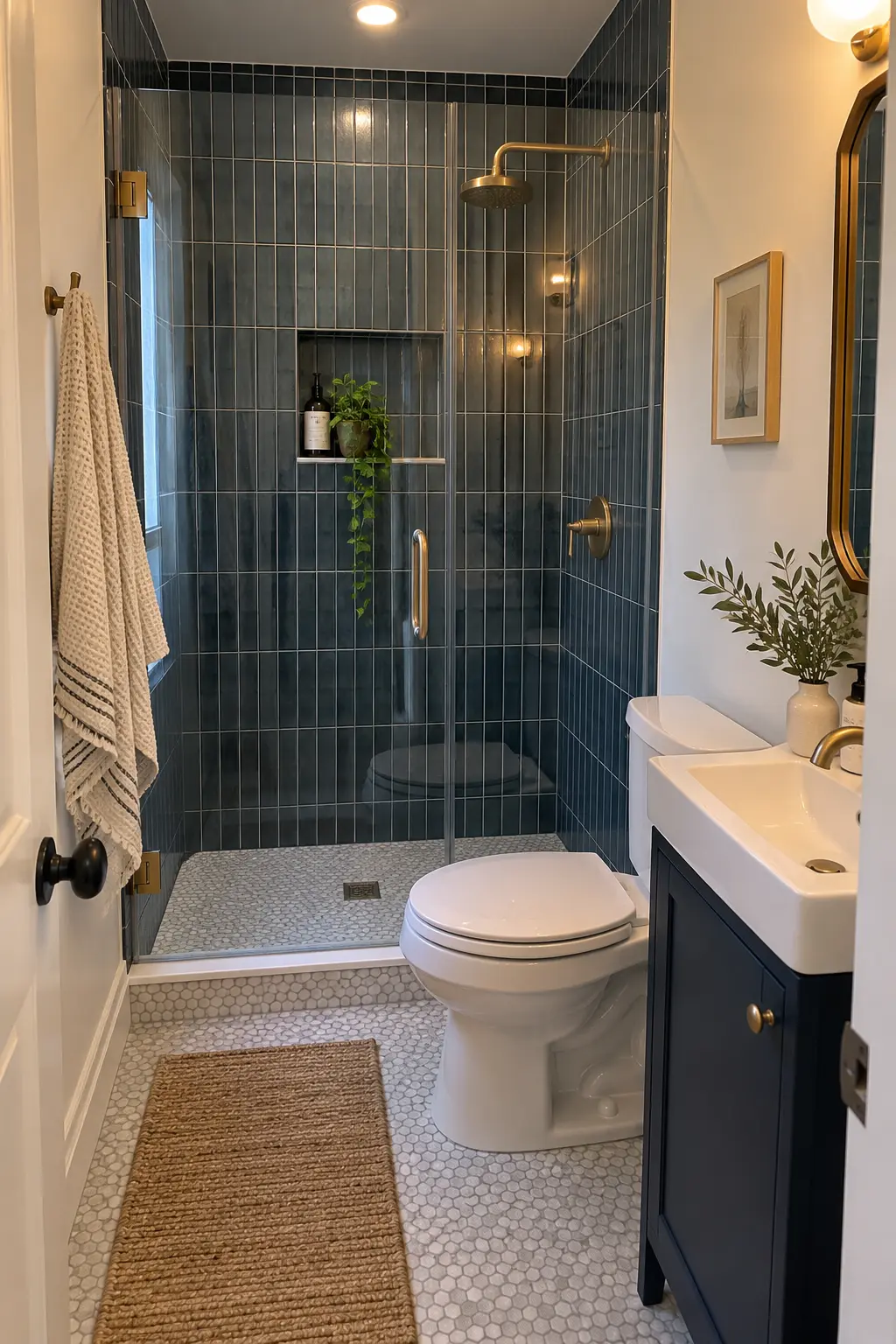 Stack Shower Tile Vertically in a realistic very small bathroom with a functional shower