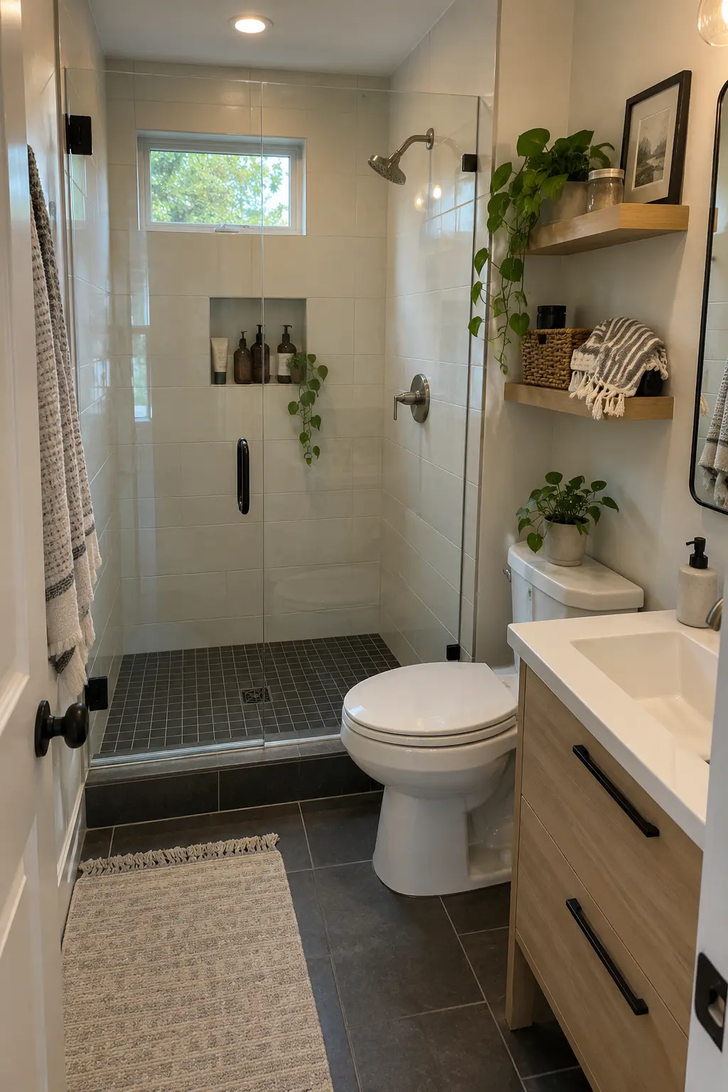 Ground Pale Walls With a Darker Grip Floor in a realistic very small bathroom with a functional shower