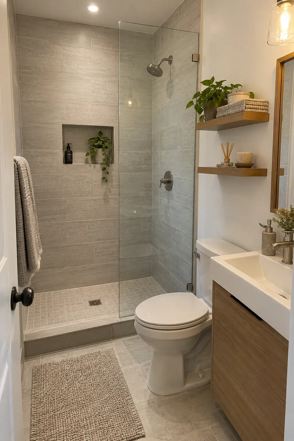 Use One Frameless Fixed Glass Panel in a realistic very small bathroom with a functional shower