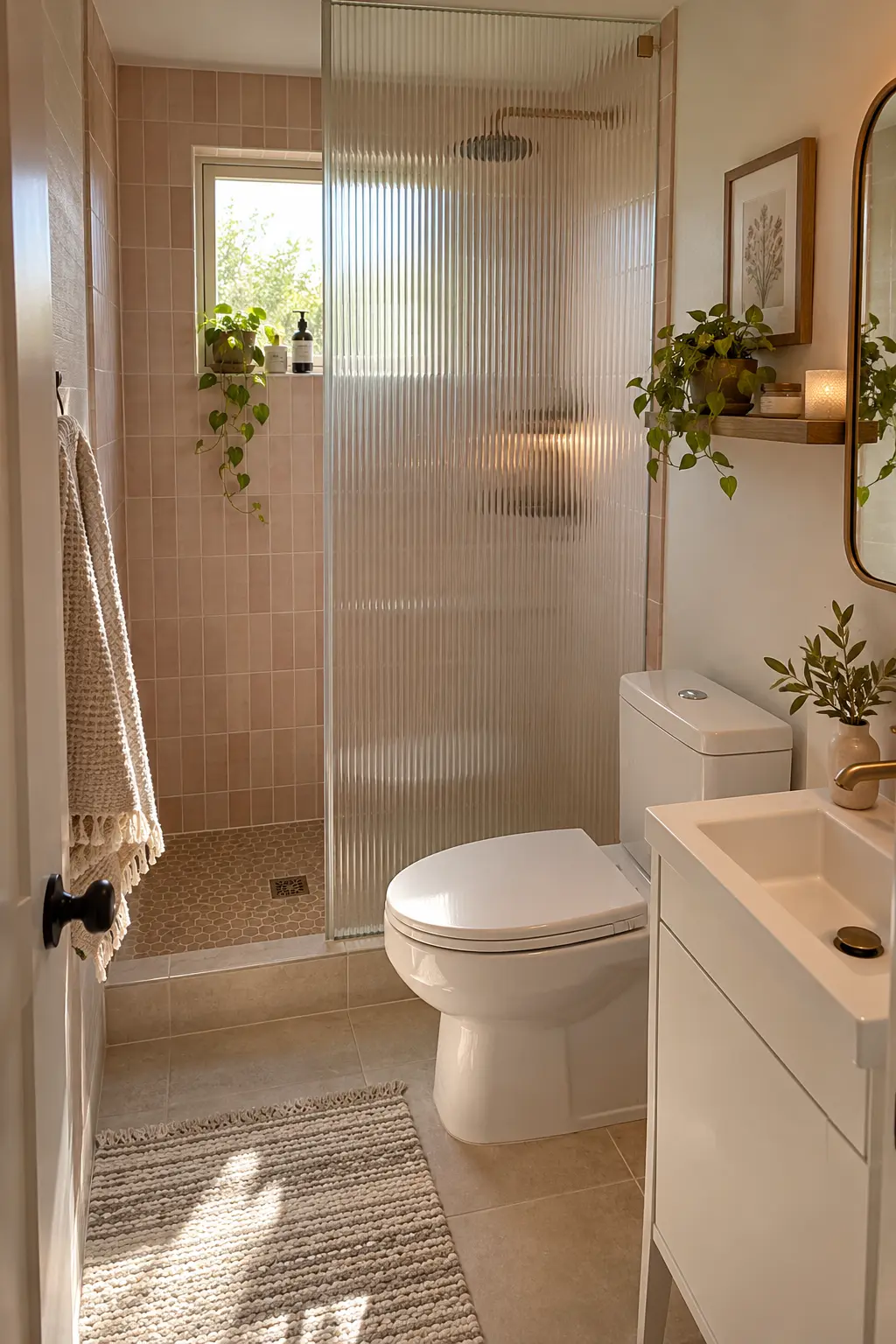 Choose Fluted Glass for Soft Privacy in a realistic very small bathroom with a functional shower