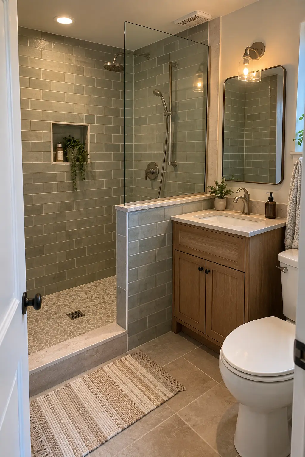 Top a Pony Wall With Glass in a realistic very small bathroom with a functional shower
