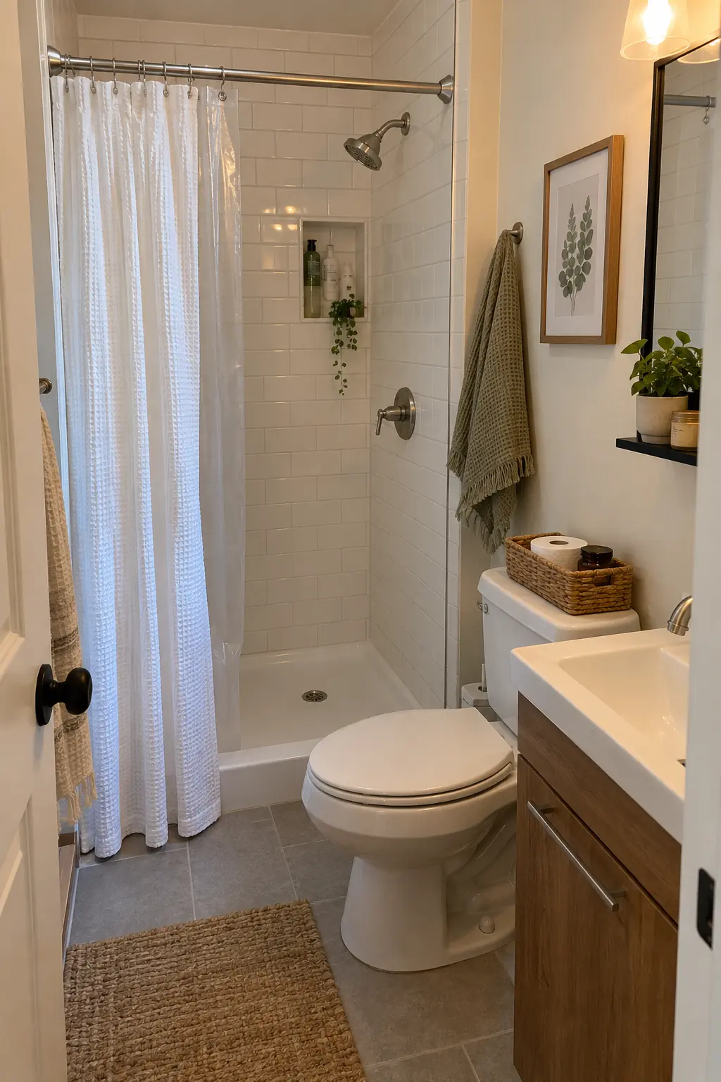 Pair a Washable Curtain With a Waterproof Liner in a realistic very small bathroom with a functional shower