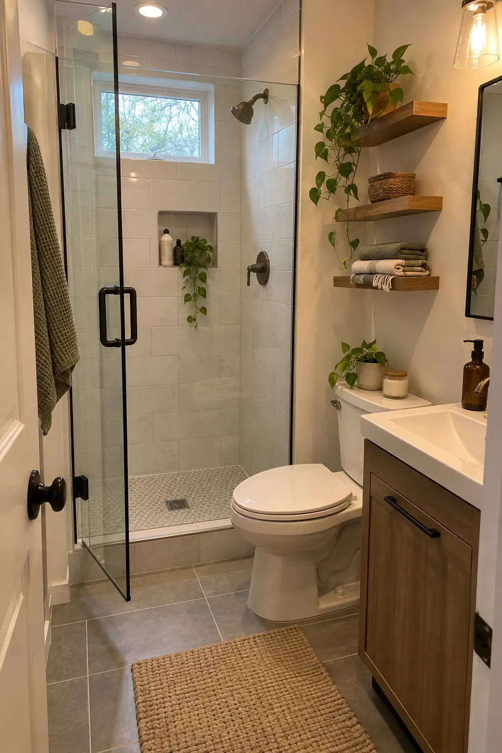 Give a Hinged Door an Empty Landing Zone in a realistic very small bathroom with a functional shower