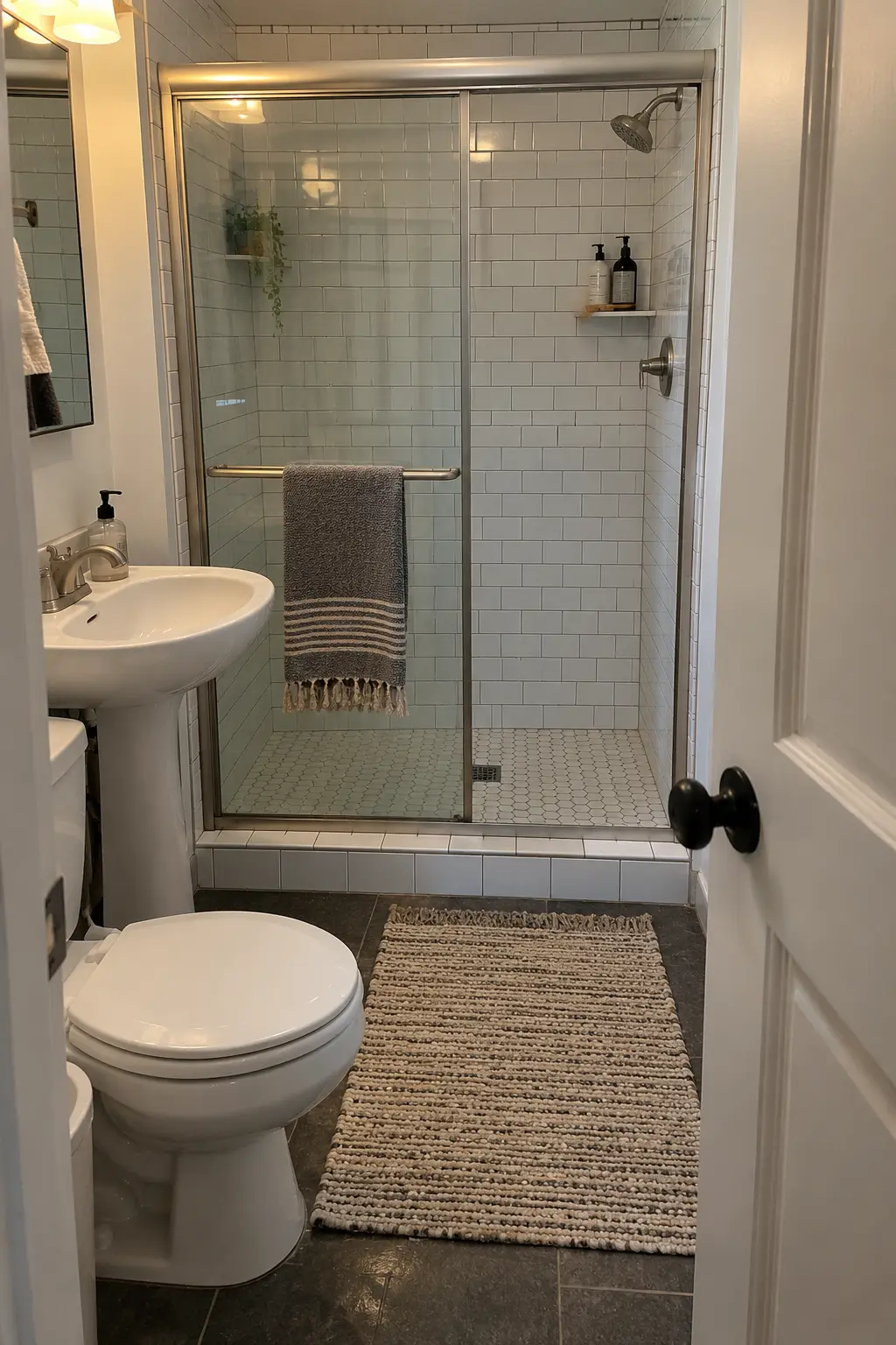 Use Sliding Bypass Doors in an Alcove in a realistic very small bathroom with a functional shower