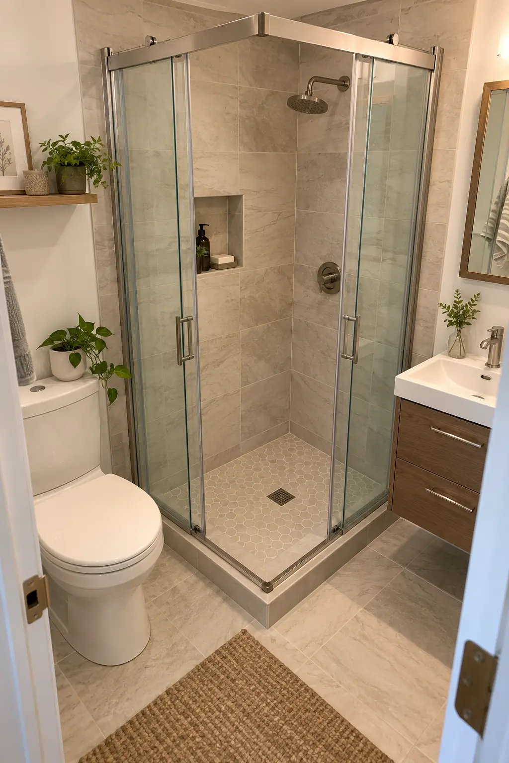 Open a Corner Shower From the Corner in a realistic very small bathroom with a functional shower