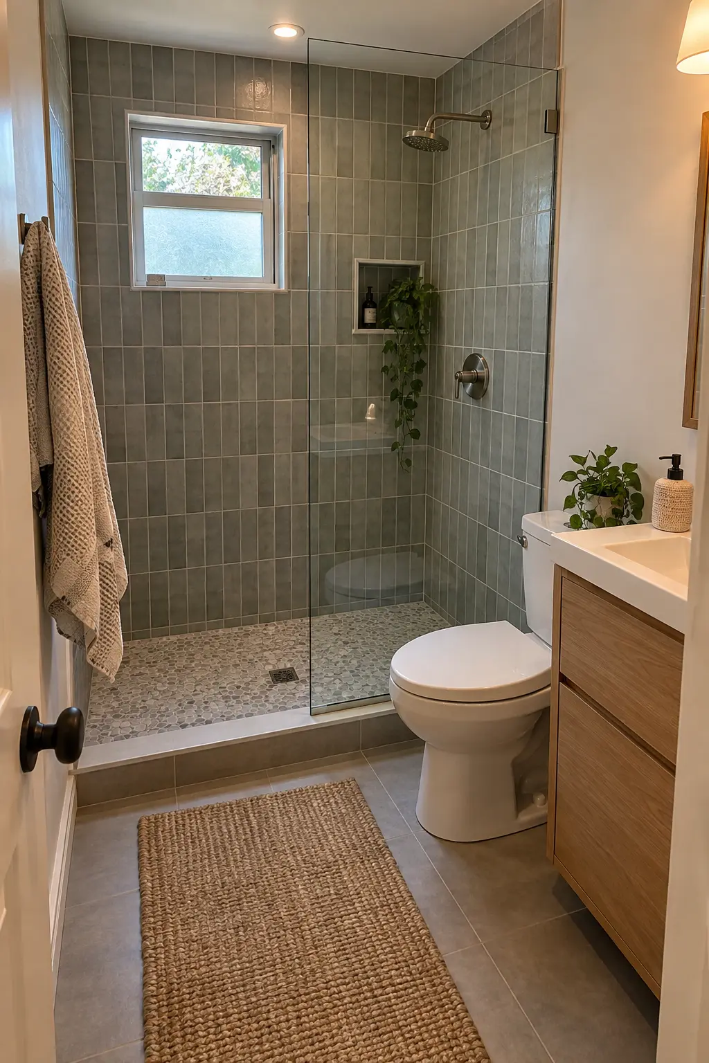 Lower the Curb Without Losing Water Control in a realistic very small bathroom with a functional shower