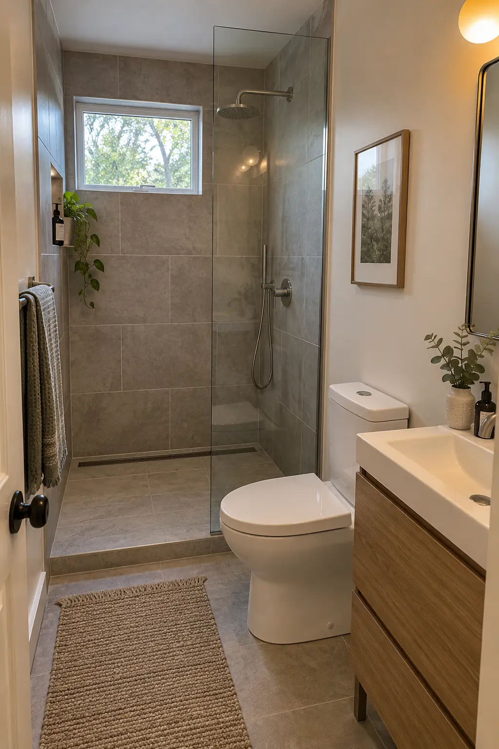 Use a Linear Drain for a Single-Slope Floor in a realistic very small bathroom with a functional shower