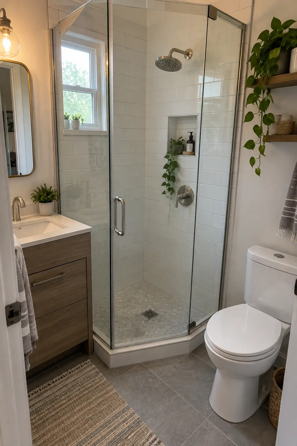 Use Small Mosaic Around a Center Drain in a realistic very small bathroom with a functional shower