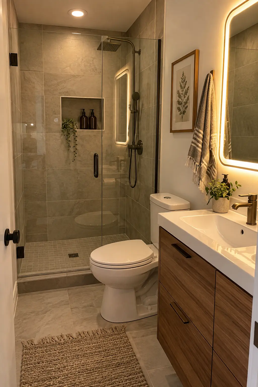 Layer Wet-Rated Light With Mirror Light in a realistic very small bathroom with a functional shower
