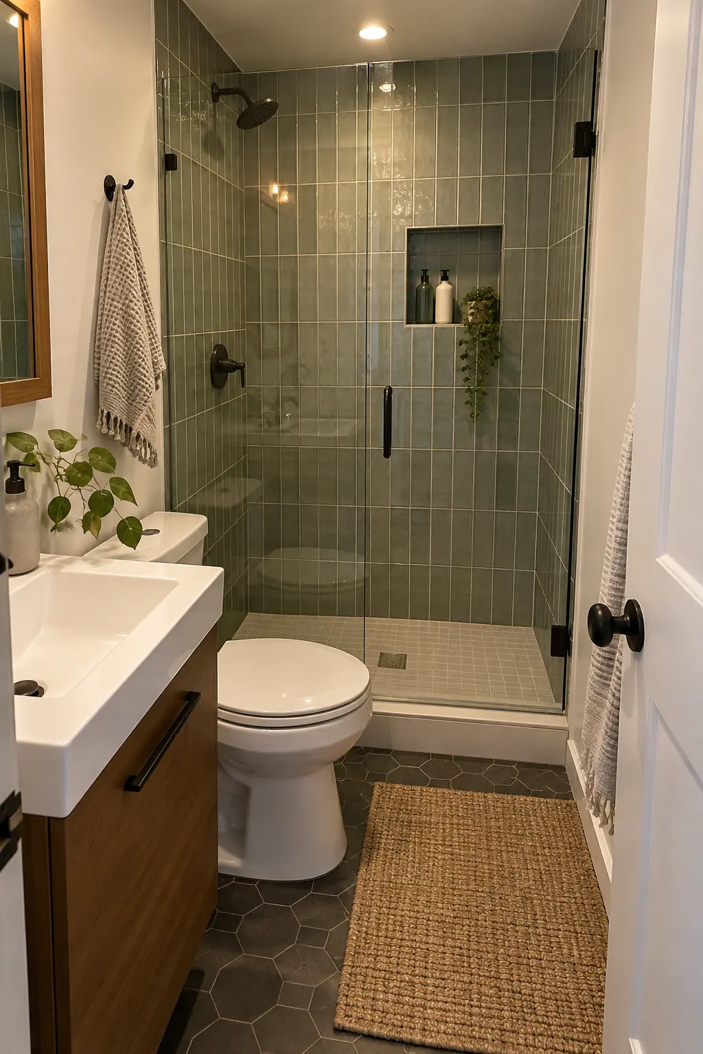 Recess One Shower Niche Between Studs in a realistic very small bathroom with a functional shower