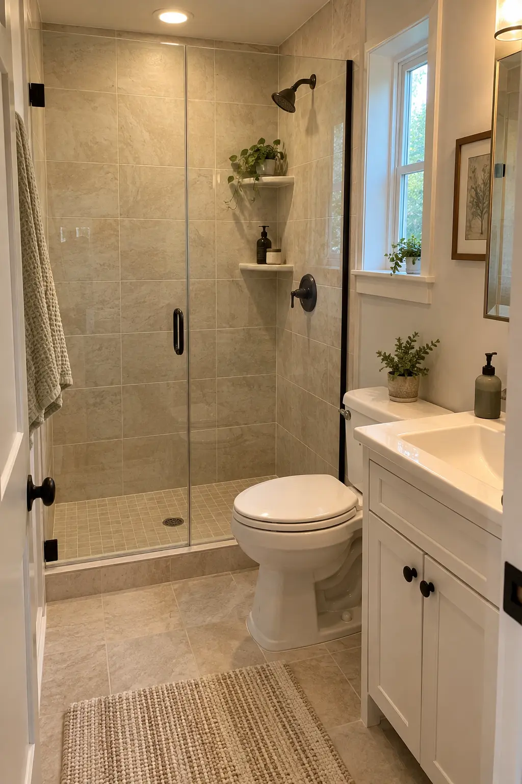 Build Small Sloped Corner Shelves in a realistic very small bathroom with a functional shower