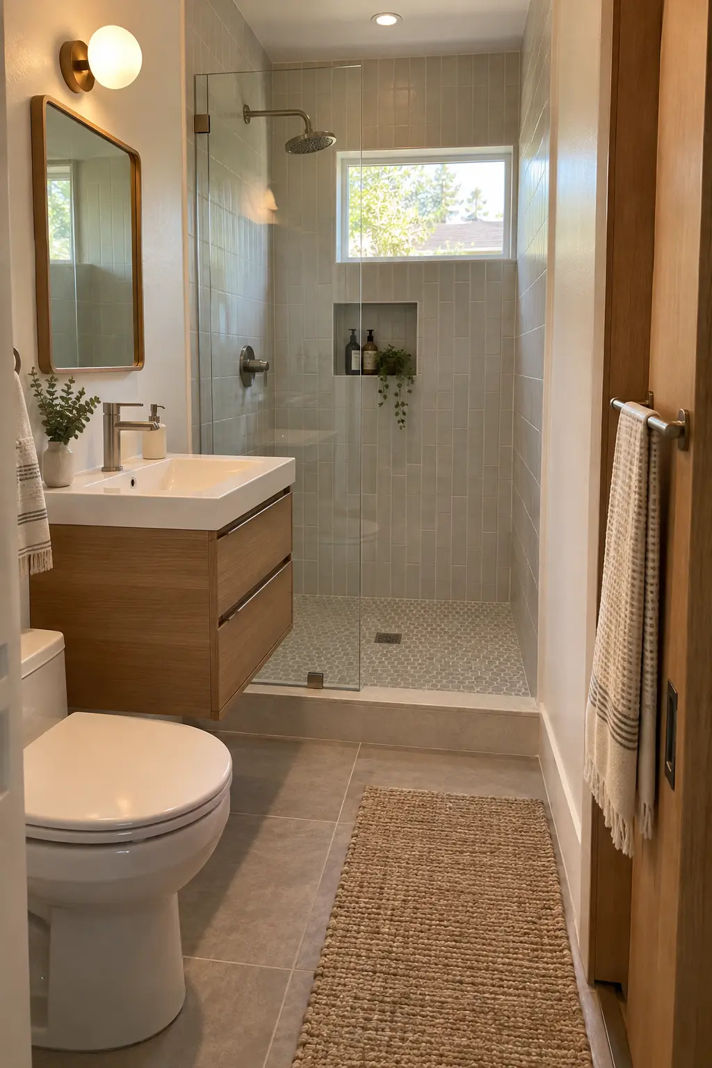 Use the Back of the Door for Dry Towels in a realistic very small bathroom with a functional shower