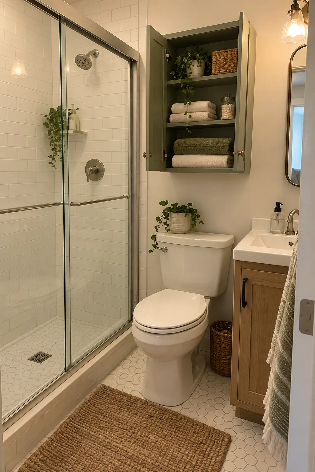 Mount a Shallow Cabinet Over the Toilet in a realistic very small bathroom with a functional shower