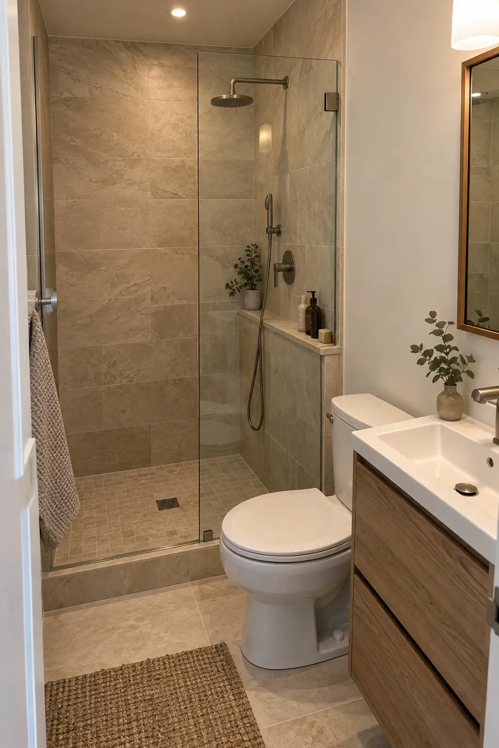 Add One Narrow Shower Ledge in a realistic very small bathroom with a functional shower