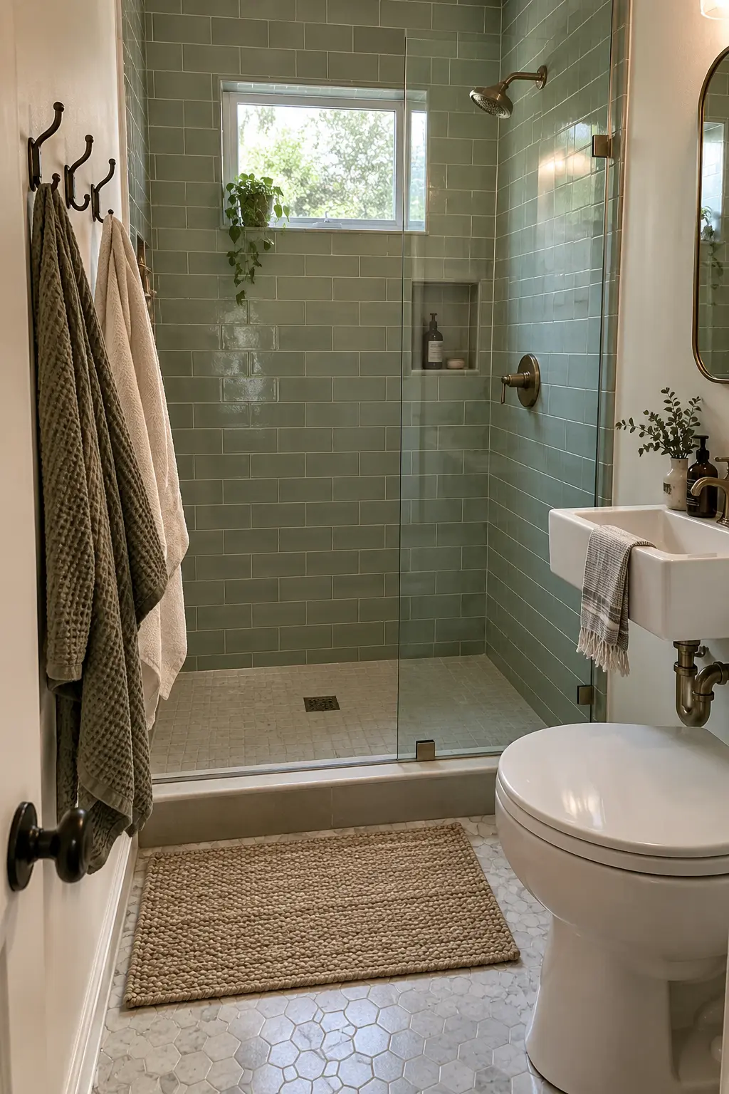 Cluster Robe Hooks in the Dry Zone in a realistic very small bathroom with a functional shower