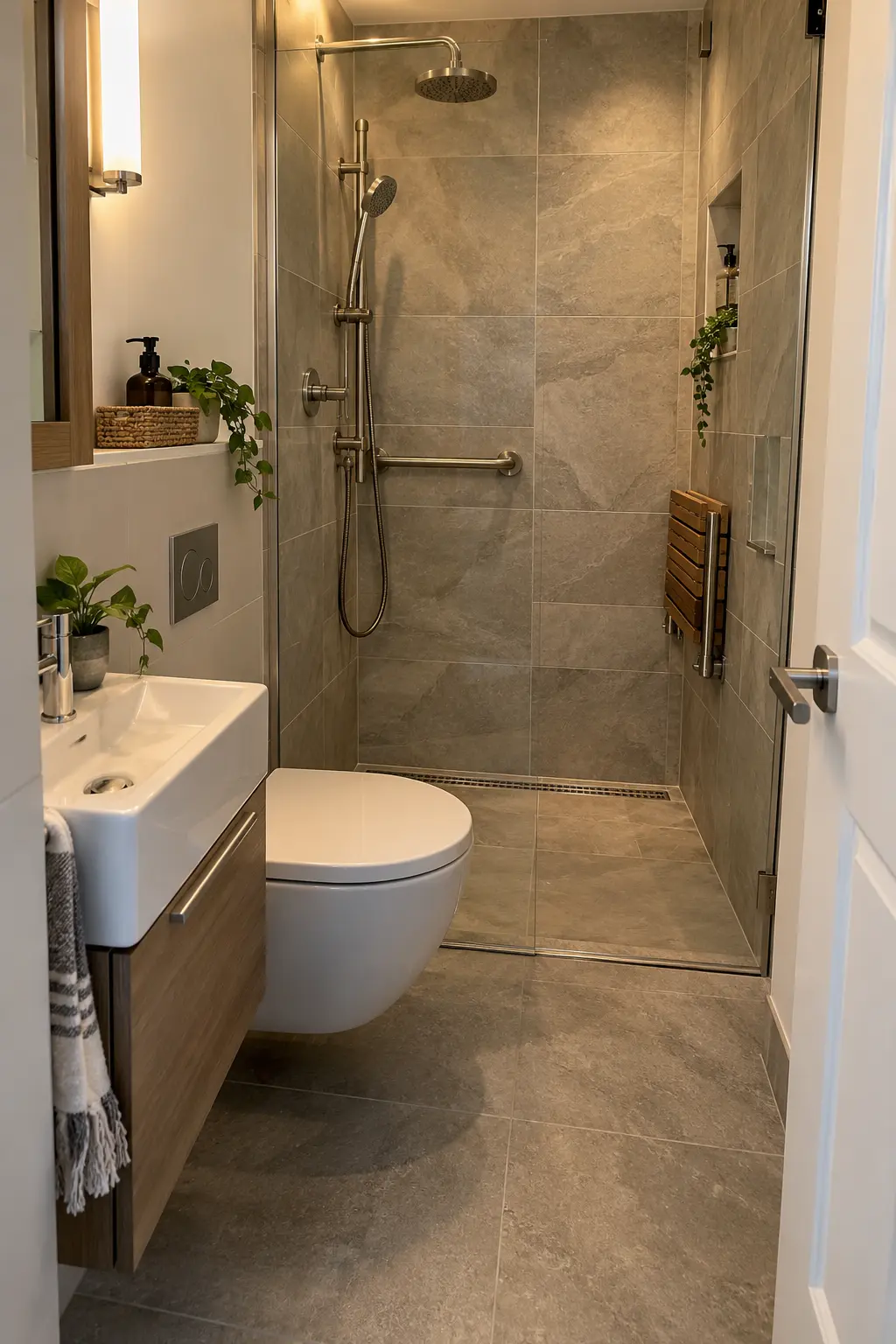 Fold the Shower Seat Up After Use in a realistic very small bathroom with a functional shower