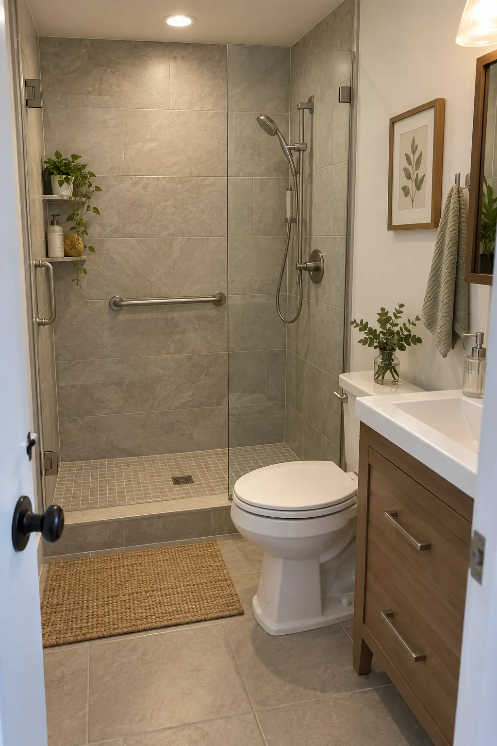 Add Reinforcement for a Real Grab Bar in a realistic very small bathroom with a functional shower