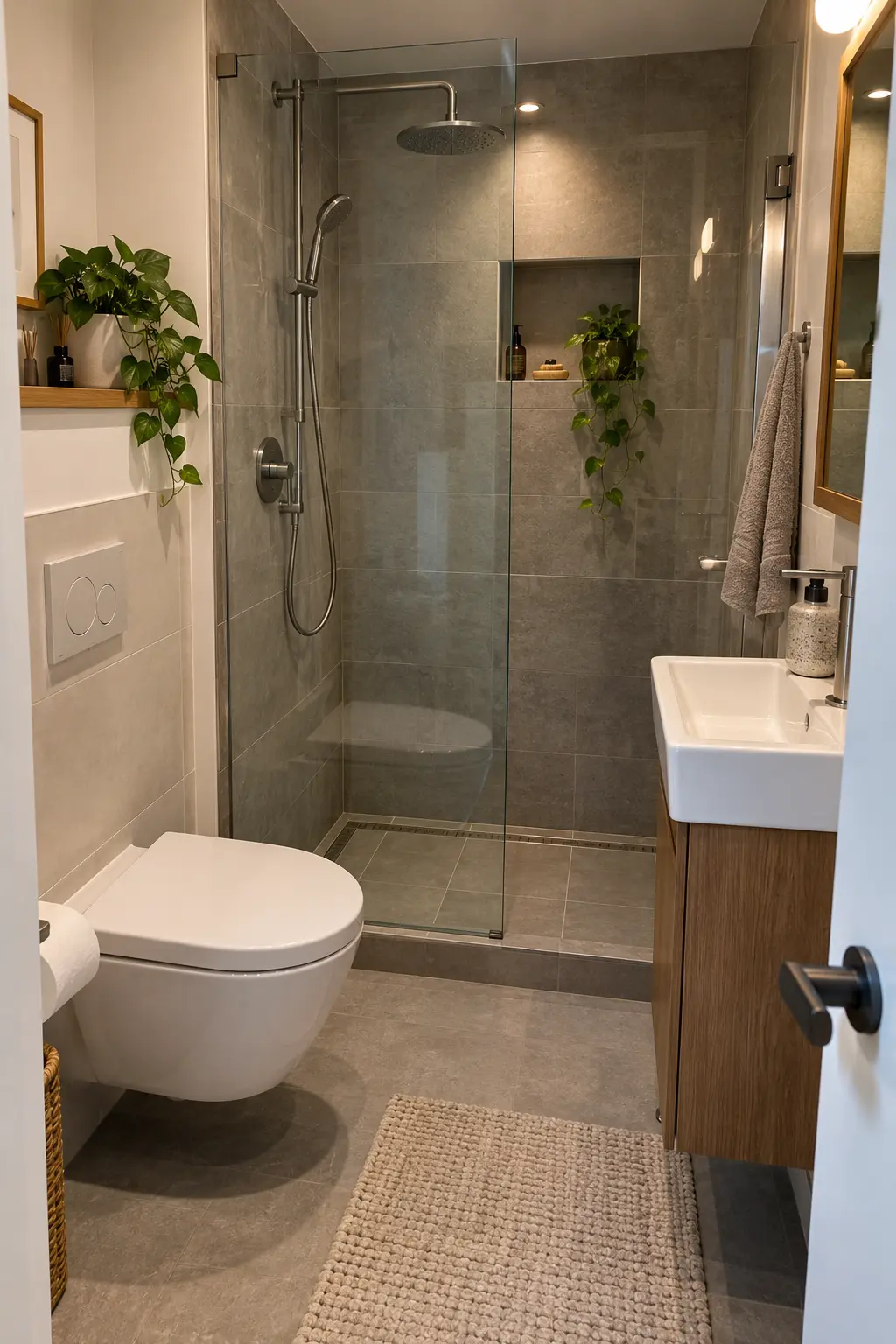 Place Handheld Controls Near the Entry in a realistic very small bathroom with a functional shower