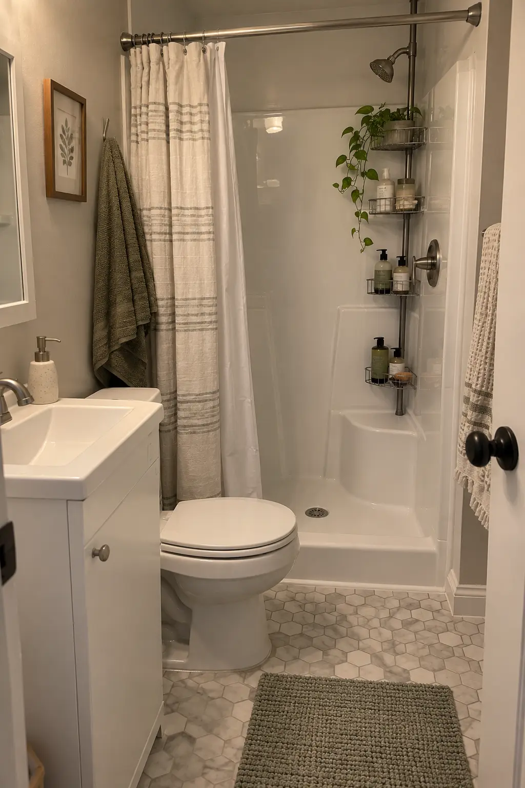 Use a Tension Caddy in a Rental in a realistic very small bathroom with a functional shower