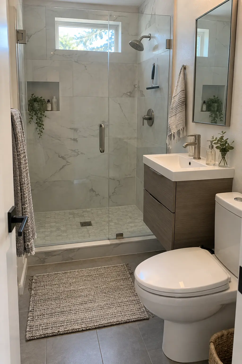 Design for Five-Minute Daily Maintenance in a realistic very small bathroom with a functional shower