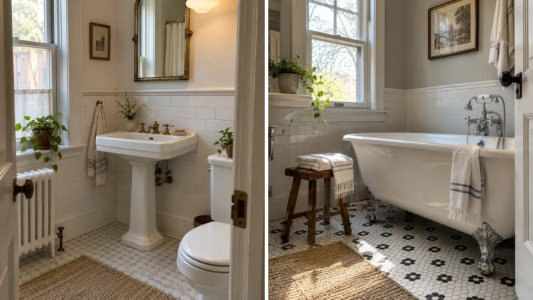 Pedestal-sink vintage bathroom beside a bathroom with a clawfoot tub