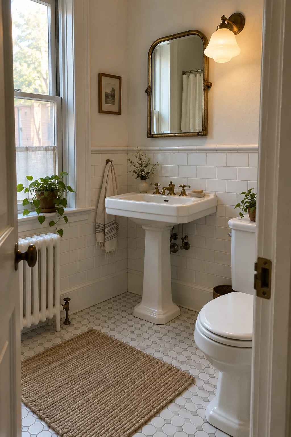 Prewar bathroom with a pedestal sink, subway wainscoting, brass mirror, and hex tile floor