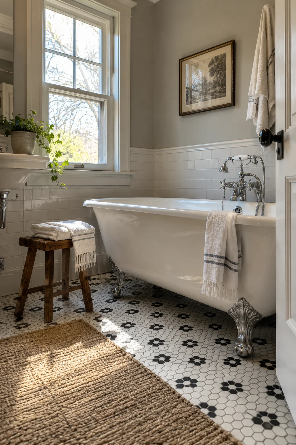 Vintage bathroom with a clawfoot tub and black-and-white hex mosaic floor