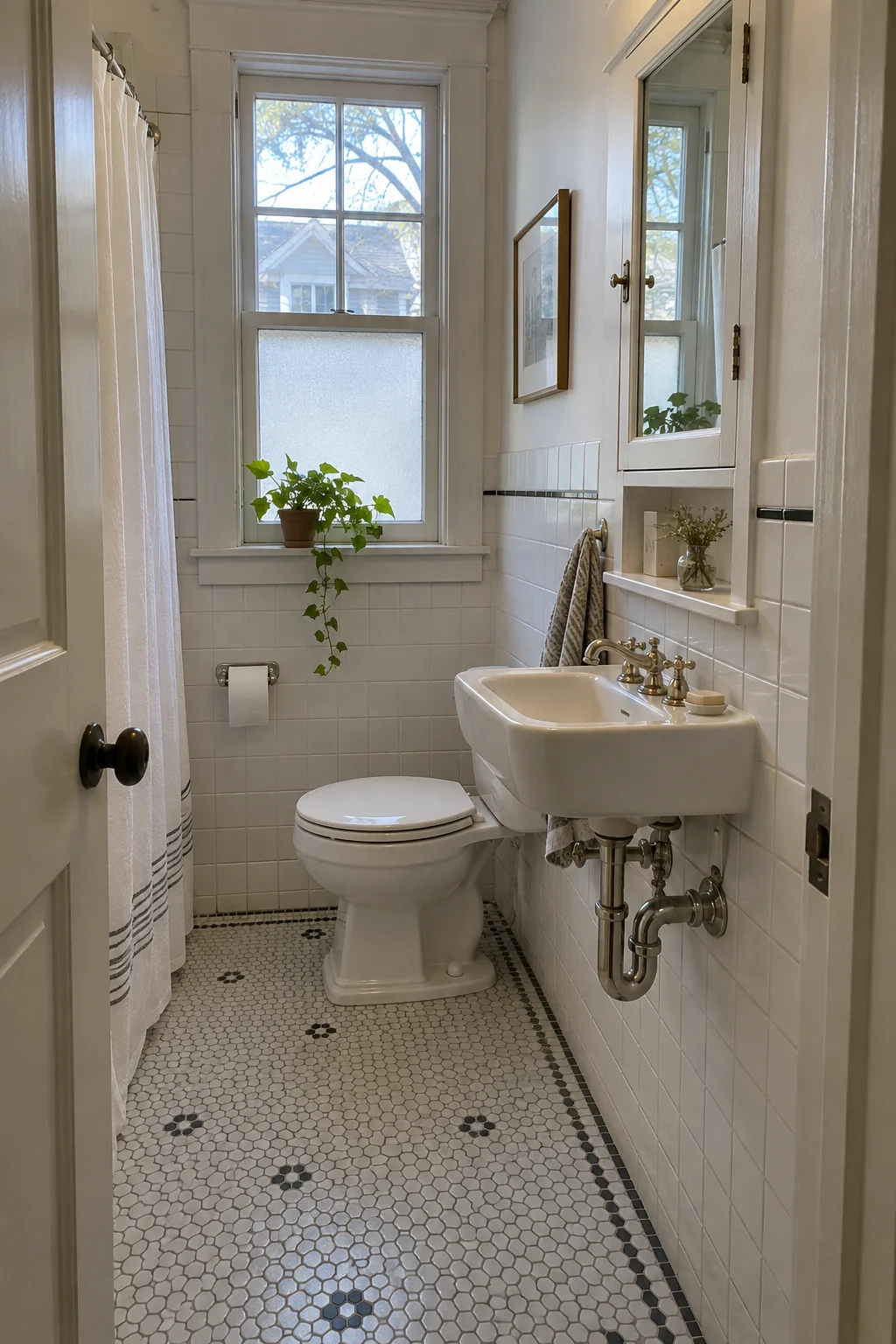 Tiny bathroom with a wall-mounted sink, exposed nickel plumbing, and recessed cabinet