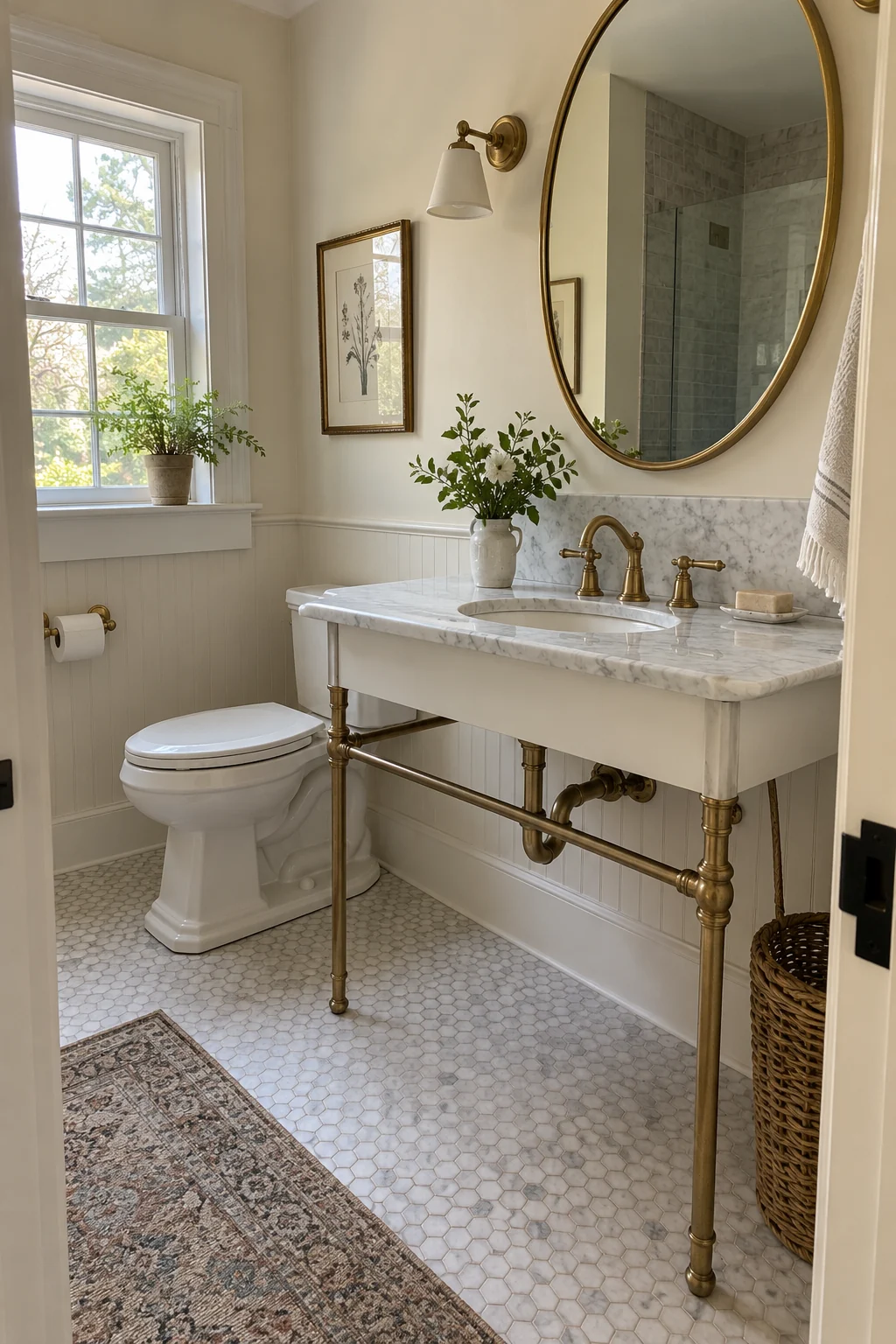 Vintage bathroom with a marble console sink on brass legs