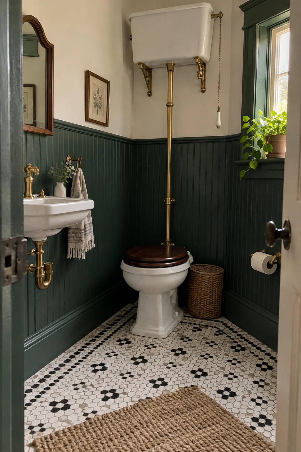 Victorian-inspired bathroom with a high-tank toilet and green beadboard