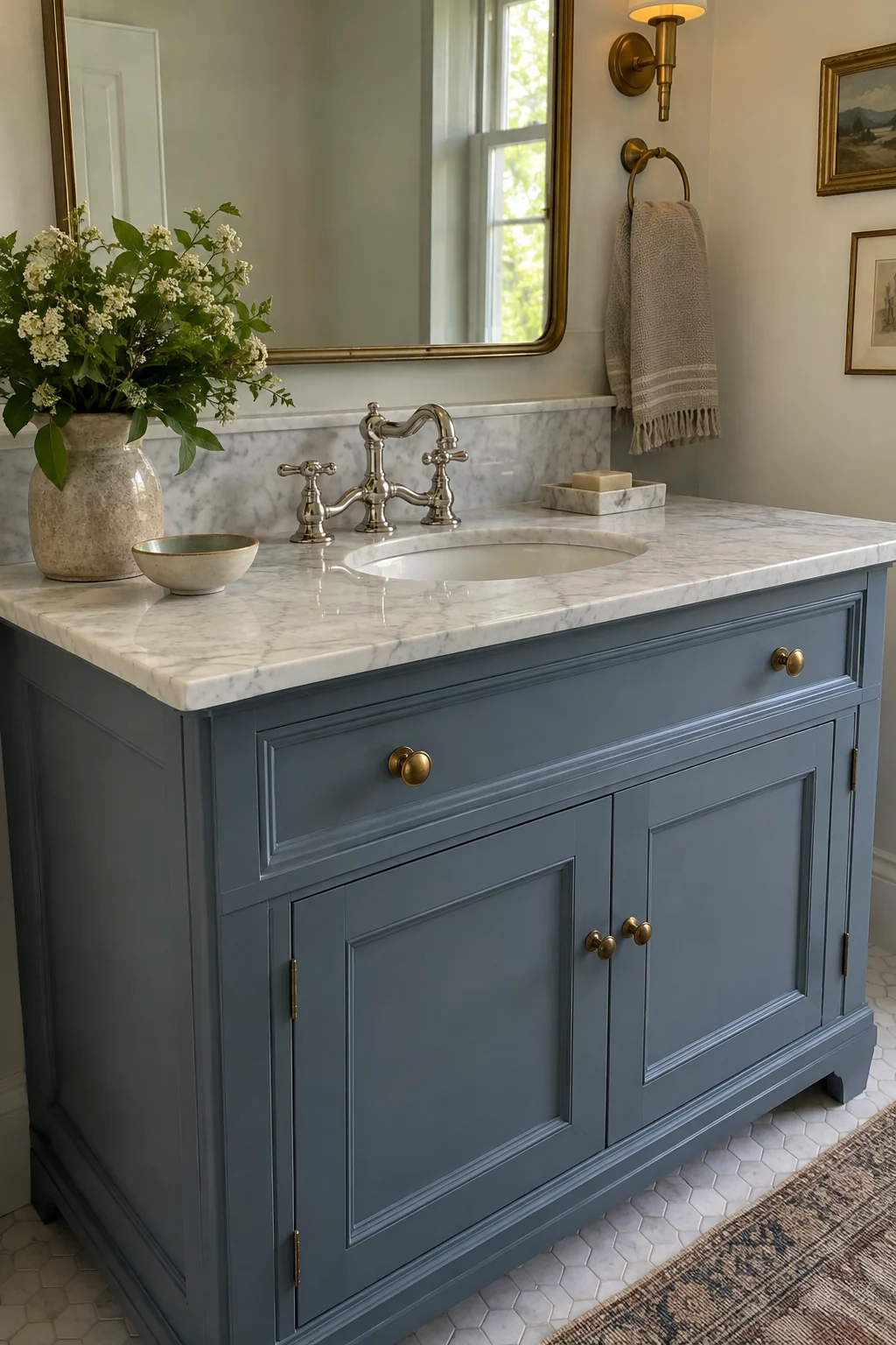 Muted-blue vanity with marble top and a polished-nickel bridge faucet