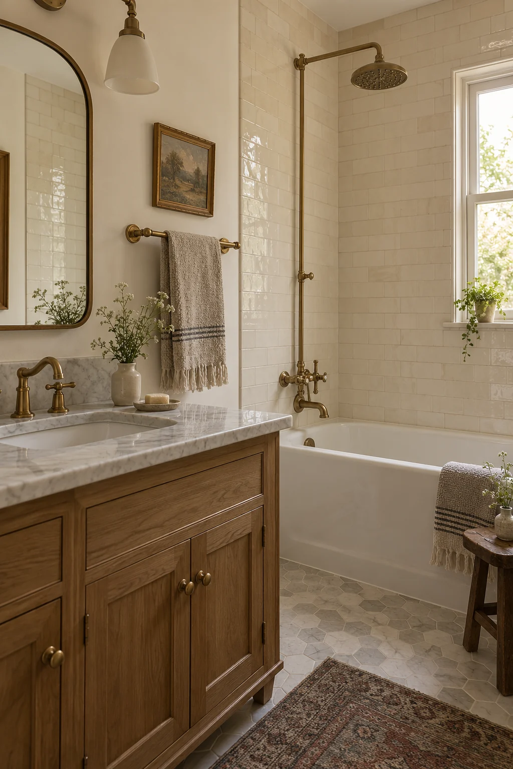 Cream-tile bathroom with unlacquered brass fixtures and an oak vanity