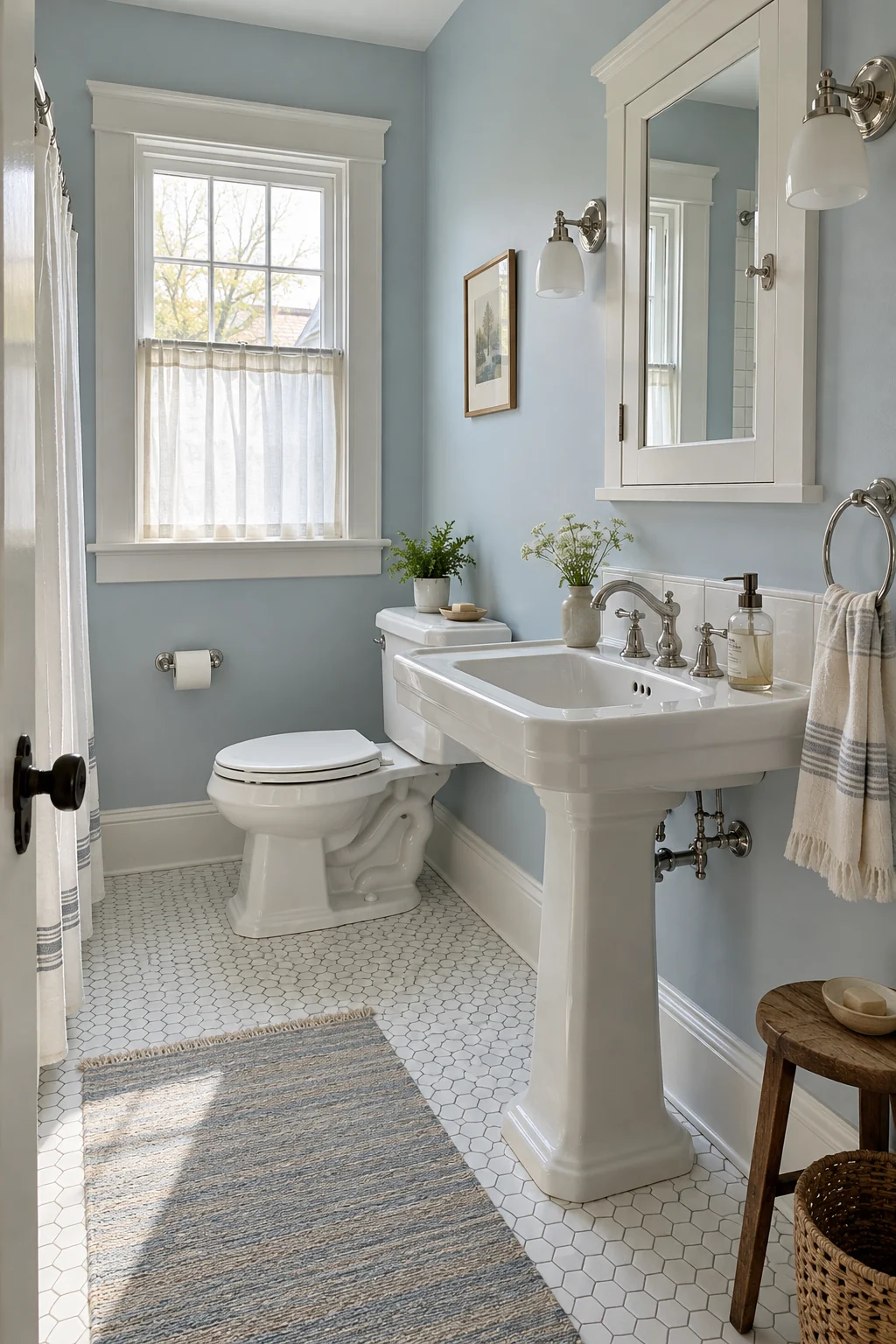 Pale-blue vintage bathroom with white porcelain and polished nickel